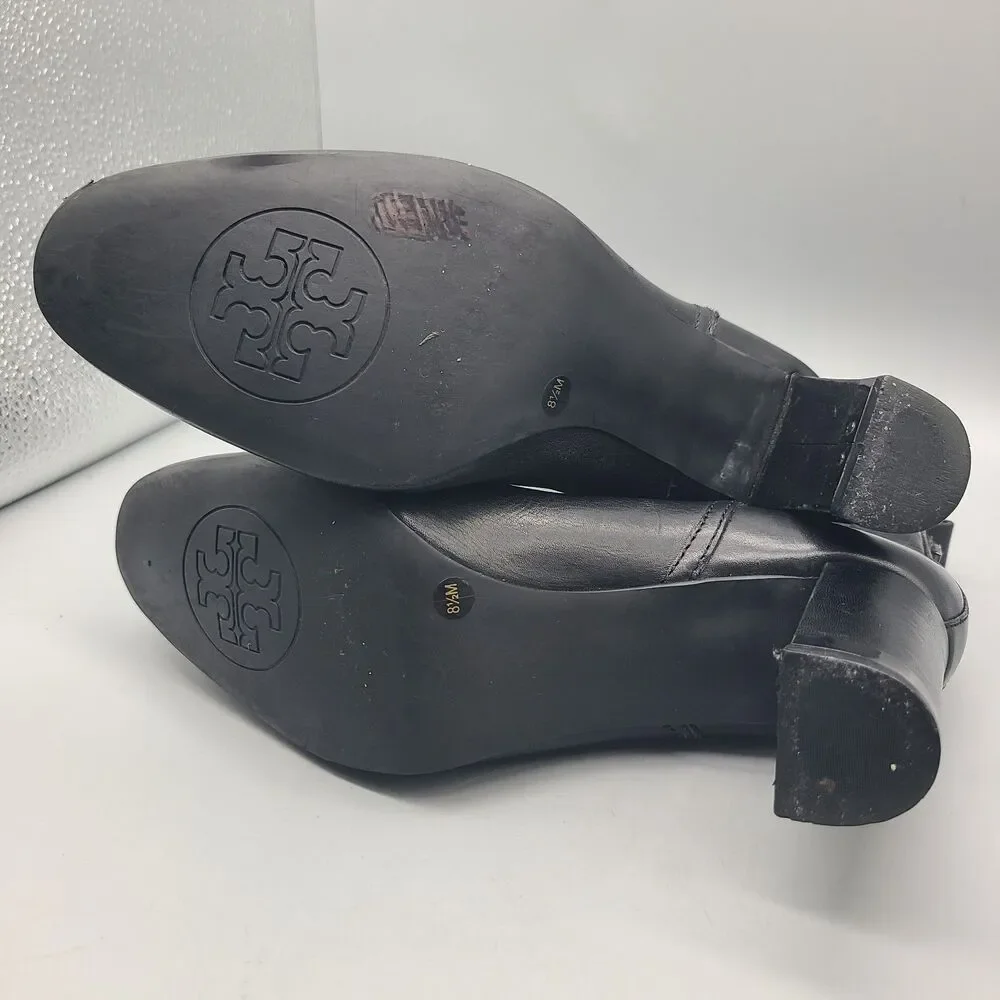 Tory Burch women ankle heel boots April Leather Black Booties Chelsea sz 8.5